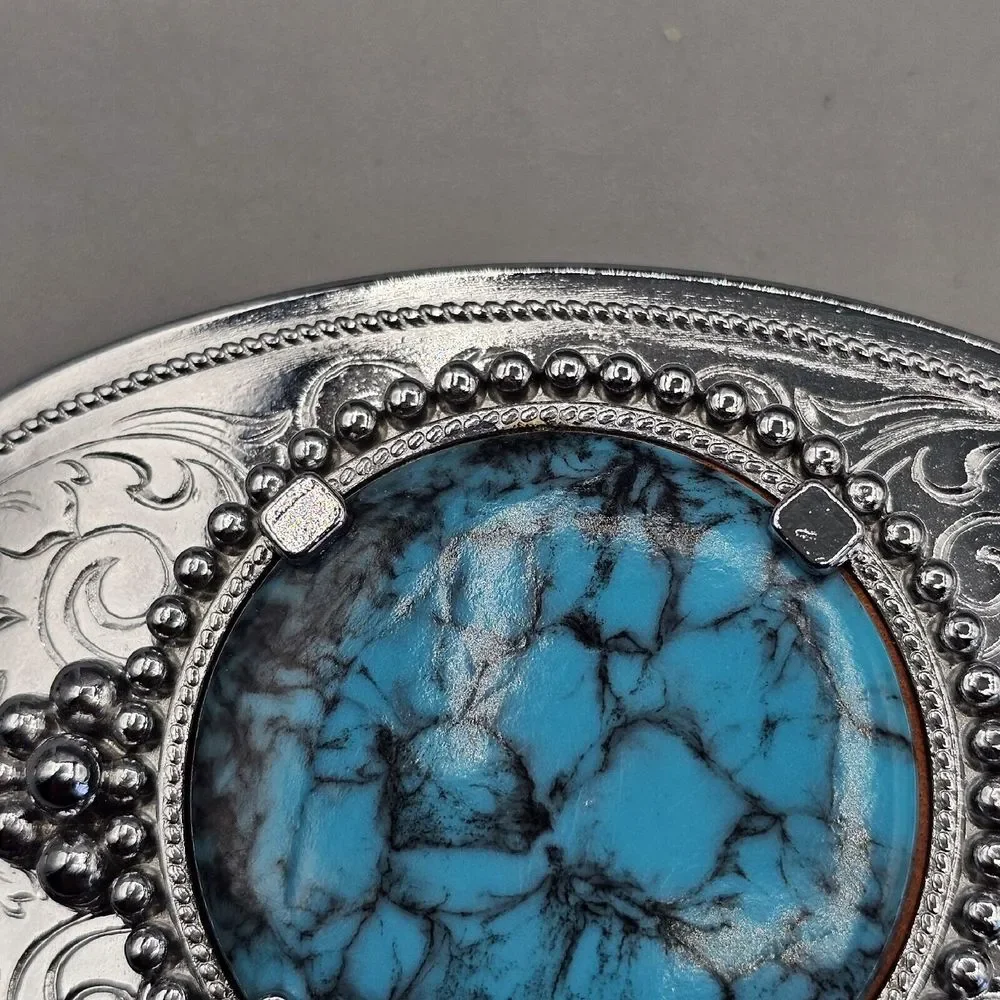 Southwest Dyed Howlite Belt Buckle Rhodium Plated Blue Round Cabochon